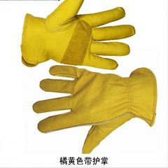 Leather Men's and women's labor protection, thickening, total finger gloves, welding, welding, wear-resistant, high temperature protection, motorcycle riding Yellow: protect palm