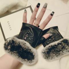 Exclusive SIP factory store 2016 new super rabbit Crowley heart sheep skin leather fingerless glove girl Black sided wool