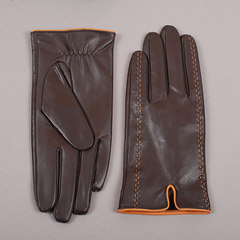 Leather gloves, men, autumn and winter, warm, thickened, velvet, touch screen, riding, driving, sheep gloves, men's thin, dark brown, thin silk.