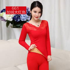 Year of fate red plus velvet thermal underwear with thickened female body base long johns suit Winter Wedding 661V collar big red