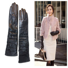 Elegant ladies long sheepskin gloves party party dress fur all-match female leather gloves Black (touch screen)