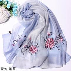 Silk embroidery, wool blended embroidery scarves, warmth, breathes, lengthy scarves, thin shawls, cashmere shawls, roses, and blue.