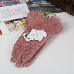 秋冬季保暖加厚款女士羊绒羊毛手套 蕾丝时尚拼接兔毛口全指触屏 皮粉色