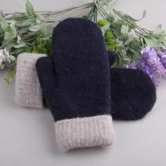 The new Korean version of high-grade wool lady gloves, double-layer thickening, warmth, fashion, all fingers, gloves, women, winter, lovely, hairless, dark blue.