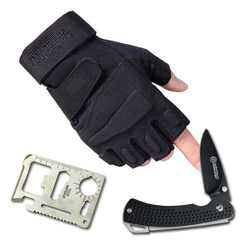 Outdoor half finger gloves, men's fitness gloves, mountaineering anti slip riding gloves, training sports tactics gloves upgraded version black (send knife tool card)