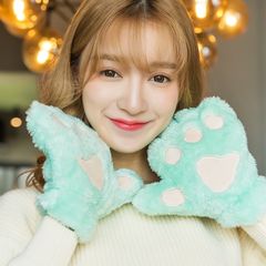 Gloves, men and women, winter, lovely, Korean, cat, claws, gloves, velvet, thickening, half fingers, all fingers, students, lovers, bicycles, gloves, fruit green - all refer to cat claws.