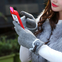Lady gloves, touchscreen ladies, autumn and winter, Korean version, lovely student cotton, winter, spring and autumn cycling, warm and plush, thickened grey [ox horn button].