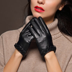 Leather gloves, women's sheepskin gloves, Korean lady, winter touch screen lace, half Palm Gloves, short leather gloves, women Black velvet