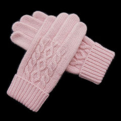 Romantic winter women's pure wool gloves, thickening, warmth, twist, knitted wool, touch screen gloves, B32 pink.