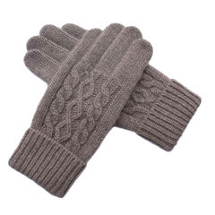 Romantic winter women's pure wool gloves, thickening, warmth, twist, knitted wool, touch screen gloves, B32, light coffee color.