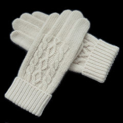 Romantic winter women's pure wool gloves, thickening, warmth, twist, knitted wool, touch screen gloves, B32, milk white.
