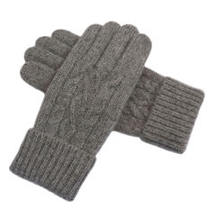 Romantic winter women's pure wool gloves, thickening, warmth, twist, knitted wool, touch screen gloves, B32, dark grey.