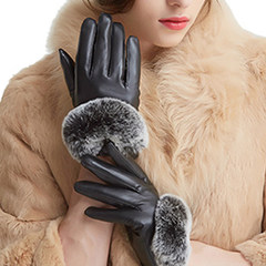 Nanjiren leather gloves new winter warm female rabbit hair with semi-circular mouth cashmere gloves Black M