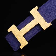 H buckle leather belt, men's genuine COOSKIN, COOSKIN love business belt, business, leisure, middle-aged and middle-aged belt, leather, four angle gold buckle + sapphire blue leather.