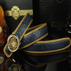 Classic snakeskin belt buckle imported Python luxury men's business casual leather belt anti allergy GOLDEN BUCKLE + Phnom Penh blue 105cm