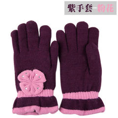 MIT Taiwan Double thick winter cold proof warm gloves, fashionable wool knitted gloves, purple gloves, pink flowers