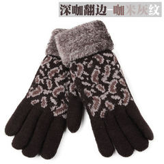 MIT Taiwan Double thick winter cold resistant gloves, ladies fashion wool knitted gloves, deep gloves, coffee Leopard Print