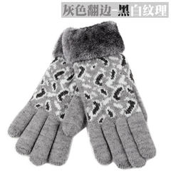 MIT Taiwan Double thick winter cold proof warm gloves lady fashion wool knitted glove gloves grey Gloves White Leopard Pattern