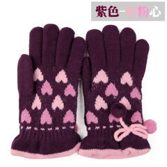 包邮MIT台湾双层加厚冬季防寒保暖手套女士时尚毛线针织五指手套 紫色-粉粉心手套