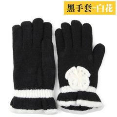 MIT Taiwan Double thick winter cold proof warm gloves, fashionable wool knitwear, five fingers gloves, black gloves, white flowers - gloves.
