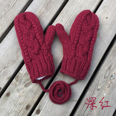 The original couple embroidered wool gloves female lanyard Fingerless Gloves thickened wool manual birthday gift Deep red