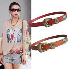 Female Korean fashion leather belt decorated with red leather belt printing needle buckle Antique silver buckle Brown 105cm