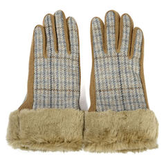 [boutique] big name imported fabrics, high-grade winter female paragraph, thickening cold, warm, cold touch screen cotton gloves Light brown lattice