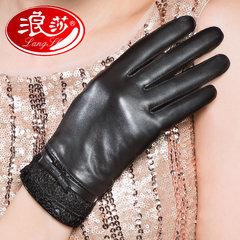Langsha sheepskin gloves touch screen warm winter lady female leather gloves touch with cashmere leather gloves female thickening Black - full touch screen - coral velvet inside (thick paragraph)