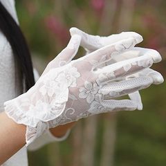 Driving lace sun protection gloves, ladies' summer thin section, short touch screen, spring and autumn anti skid, breathable and anti ultraviolet lotus leaf (white)