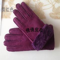 Anti season package winter men and women leather motorcycle Tramways go skiing, warm skin, sheep gloves, real leather gloves, women's wine red.