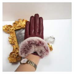 Autumn and winter sheepskin gloves for ladies, lovely big otter rabbit hair with warm cold touch screen drive cashmere leather gloves female [really] red wine Rex rabbit skin touch screen