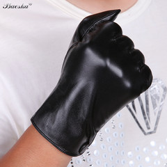 Leather gloves, men's sheepskin gloves, men's winter thickening, cashmere, warm leather gloves, men's Black flocking