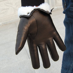 Winter warmth, fur, thickening gloves, cycling, cold proof, men's sheepskin, leather gloves, whole lamb hair Black M