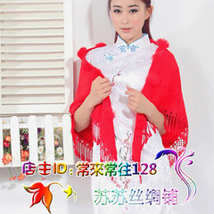 Western style bride red wool cashmere rabbit hair ball wedding triangular shawl fringed scarf Milky white