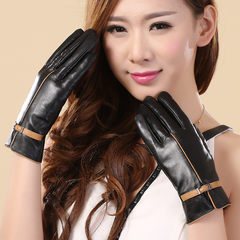 New Ladies sheepskin gloves, Korean version of hand, autumn and winter plus cashmere, thick warm lady touch screen, leather gloves, thin money Black touch screen [cashmere]
