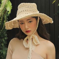 Lace strap Beanie Hat female summer small fresh and lovely Korean art all-match hand woven ribbon hat M (56-58cm)