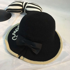 New edition of spring and summer, English butterfly knot, embroidery letters, folding large brim basin cap, fisherman hat, soft top hat M (56-58cm) Black Korean basin hat