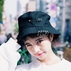 Korean harajuku kitties double-faced cap fisherman hat summer men`s and women`s fashion Korean version of sun protection hats adjustable black five-ring fisherman hat
