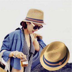 Hat girl summer black shade vacation panama straw hat summer British Korean version wide eaves beach jazz hat M (56-58cm)