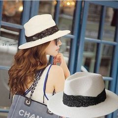 New summer hat south Korean shade hat British women hat men`s straw hat black jazz hat holiday beach hat M (56-58cm) lace ribbon - rice white