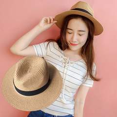 Hat girl summer black shade vacation panama straw hat summer British Korean version wide eaves beach jazz hat M (56-58cm)