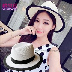 Hat girl summer black shade vacation panama straw hat summer British Korean version of broad-eaves beach jazz hat M (56-58cm)