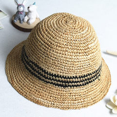 Korean natural Raffia handmade crochet stripe Sen female Japanese Sun Hat Visor dome basin cap S (54-56cm)