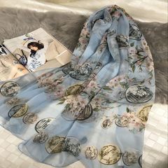 17 new silk, mulberry silk, coins, flowers, blue silk chiffon, handmade side length scarves, scarves, shawls, sunscreen