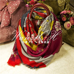 The same red and yellow print flowers, oblong thin, pure wool, ladies scarf, spring and winter shawls, dual-use