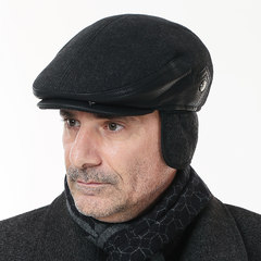 The spring and autumn and winter in the old warm woolen hat old ear peaked cap outdoor Plaid Cotton hat men thickening S (54-56cm) Black grey 57cm