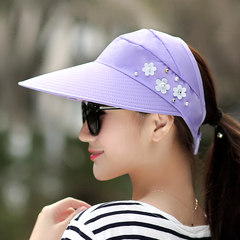 Ribbon riding flat eaves with empty net eyes folding tennis hat travel women`s golf sunhat letter embroidery adjustable pearl - light purple