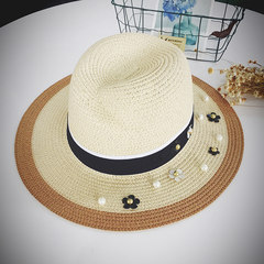 The new rivet flower summer hat of 2016 Korea edition is black and white patchwork straw hat fashion hat pearl straw hat summer hat for women M (56-58cm) pearl flower hat -- double color -- beige (concave shape)