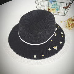 The new rivet flower summer hat of 2016 Korea edition is black and white patchwork straw hat fashion hat pearl straw hat summer hat for women M (56-58cm) pearl flower hat -- double color -- black (concave shape)