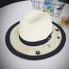 The new rivet flower summer hat of 2016 South Korea edition is black and white patchwork straw hat, pearl straw hat, pearl straw hat, pearl flower hat M (56-58cm), pearl flower hat, double color, rice white (concave shape)